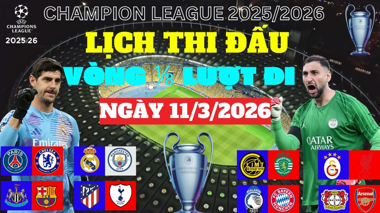 LỊCH THI ĐẤU UEFA CHAMPIONS LEAGUE  2026  VÒNG  1/8 LƯỢT ĐI MỚI NHẤT (11/3/2026)-CĂNG HƠN DÂY ĐÀN