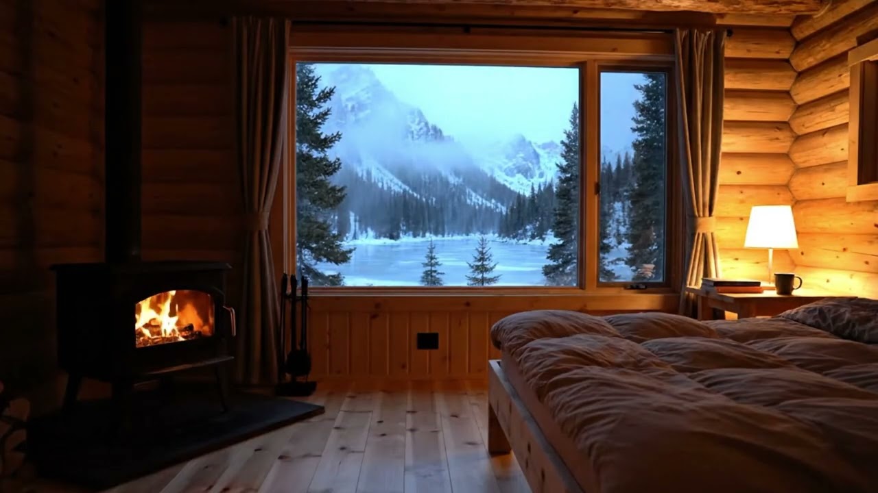 Warm Fireplace Cabin Ambience on a Quiet Winter Evening with Snowy Mountain View for Deep Sleep