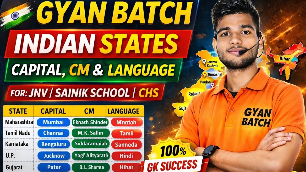 Indian States|Capital, CM & Language 2026|Static GK for JNV, Sainik School,CHS|Gyan Batch#byanujsir 