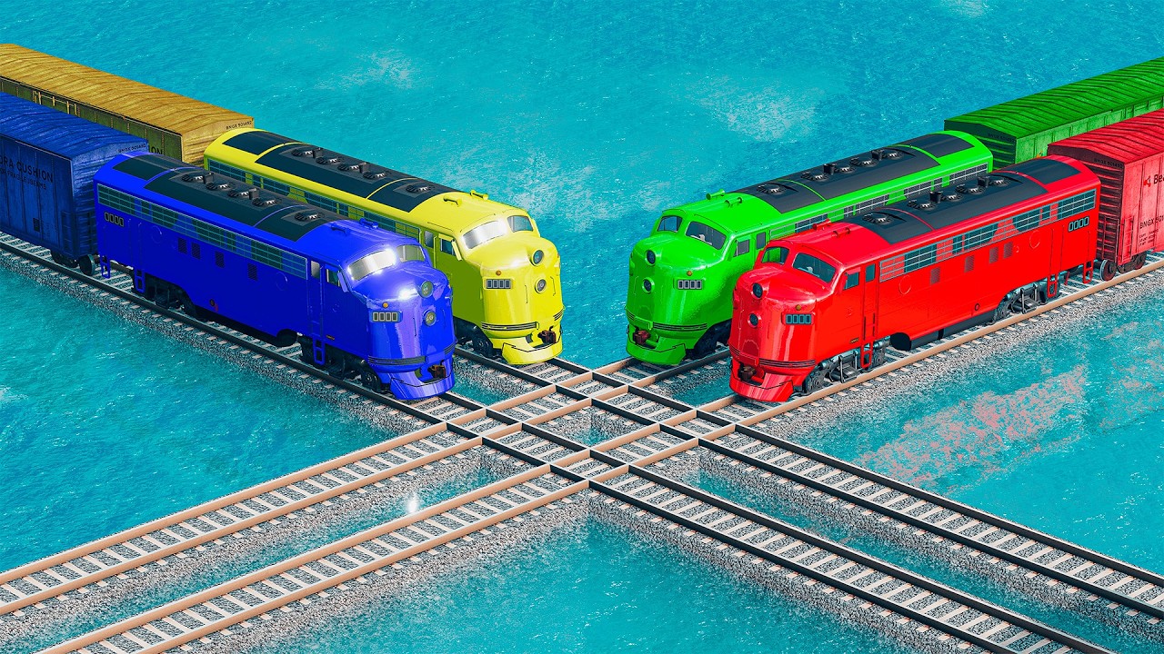 Double Train Vs Colorful Trains vs Impossible Weird Rail Track Crossing Deepwater | BeamNG.drive