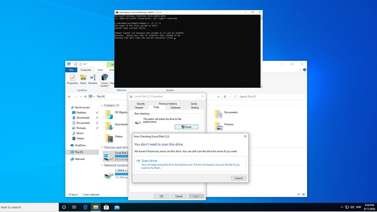 Perform disk error check (chkdsk) on Windows 10