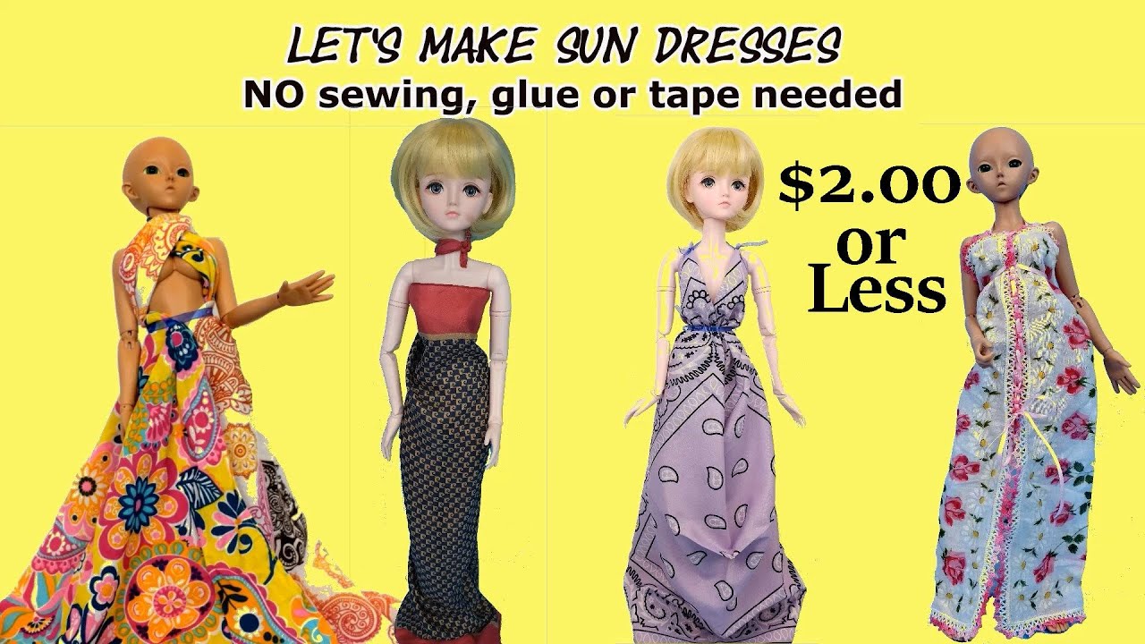 8 Spring Hacks BJD Doll Bandana Fun Sundresses for $2.00 or Less, No Sewing or Glue #cheapbjd 😀🌹🌻😉