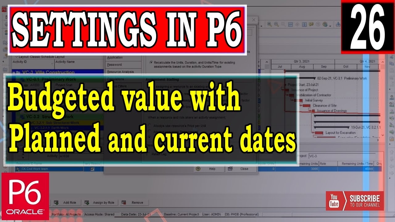 Budgeted value with planned and current dates settings in Primavera P6 | Earned Value Calculation