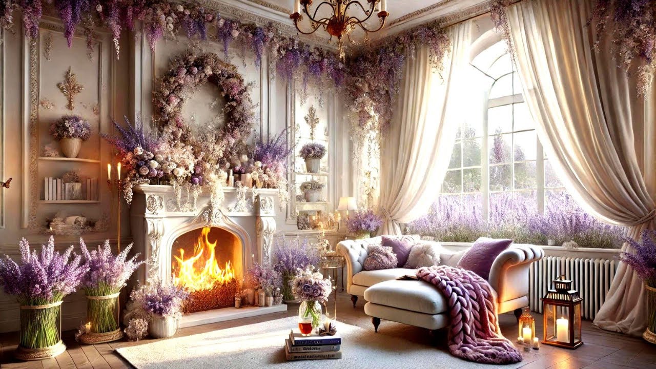 Cozy Lilac Hearth Ambience 🌲 Fireplace Crackling & Birds Singing