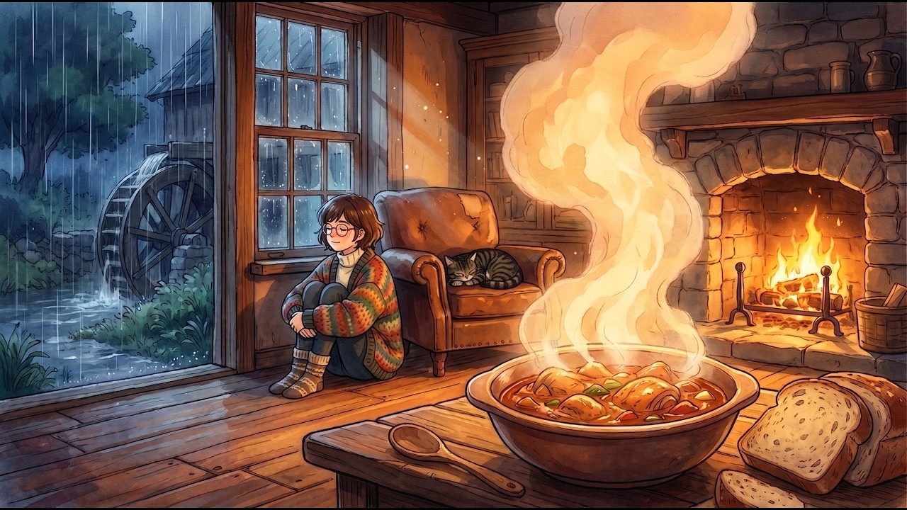 ☔ Cold Spring Monsoon Cooking Alone | Braised Chicken & Rain Pounding Watermill 🍗|Ghibli-Style ASMR