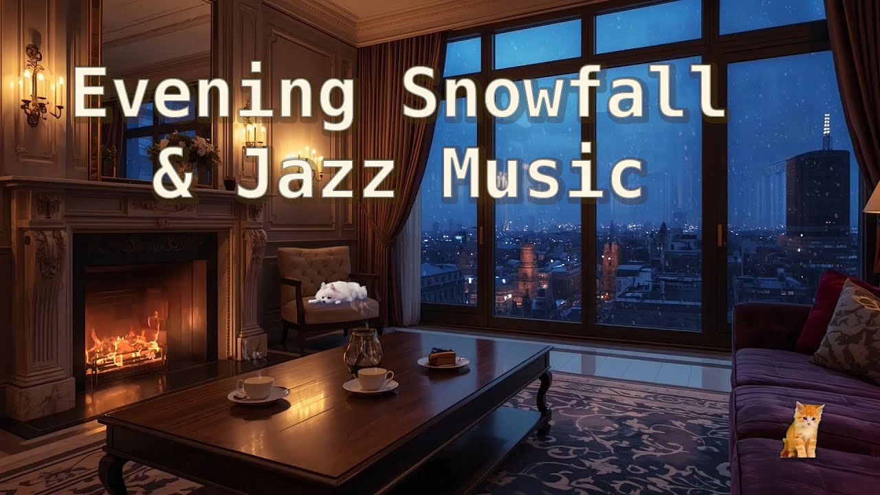 Evening Snowfall & Jazz Music (90 Min) 🌨️☕ | White Dog Napping, Ginger Cat Wandering
