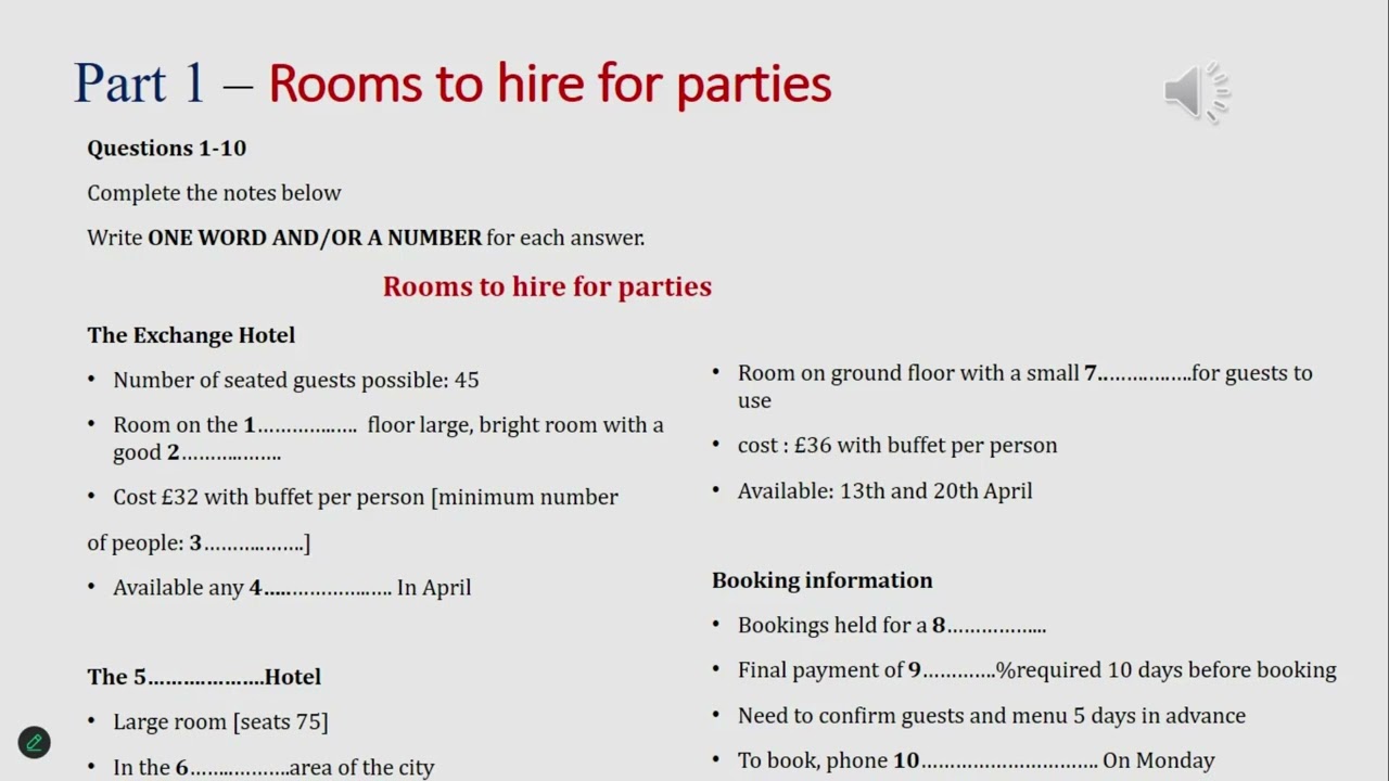IELTS listening practice Part 1 - Rooms to hire for parties (answer & transcript)