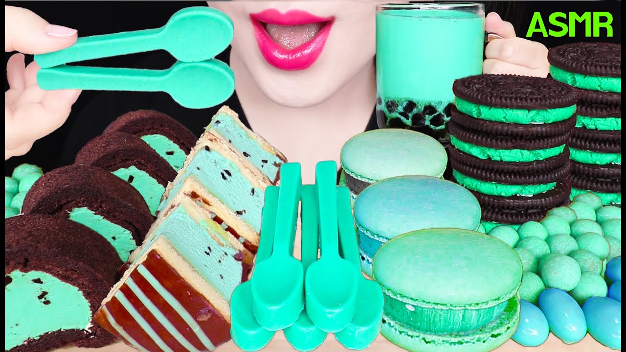 ASMR MINT FOODS *EDIBLE SPOON, MINT OREO, ICE CREAM, CHOCOLATE BALL MUKBANG 민트초코, 먹는 숟가락, 버블티 먹방