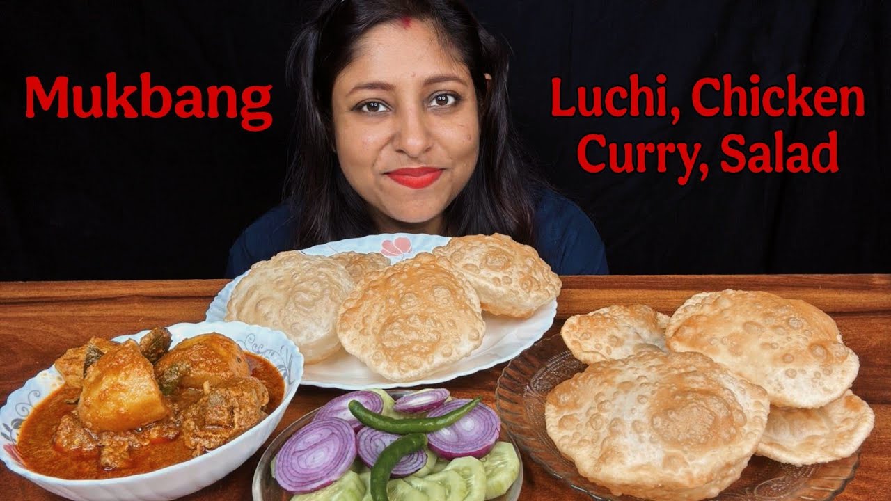 Eating Show - Bengali Sunday Lunch | Luchi Chicken Curry with Salad | Mukbang,. Poulamieatingshow