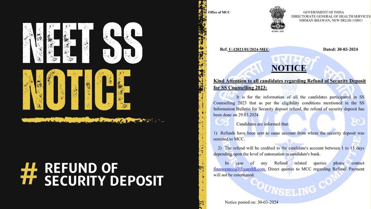 NEET SS 2023 All India Counseling Security Deposit Refund Notice by MCC