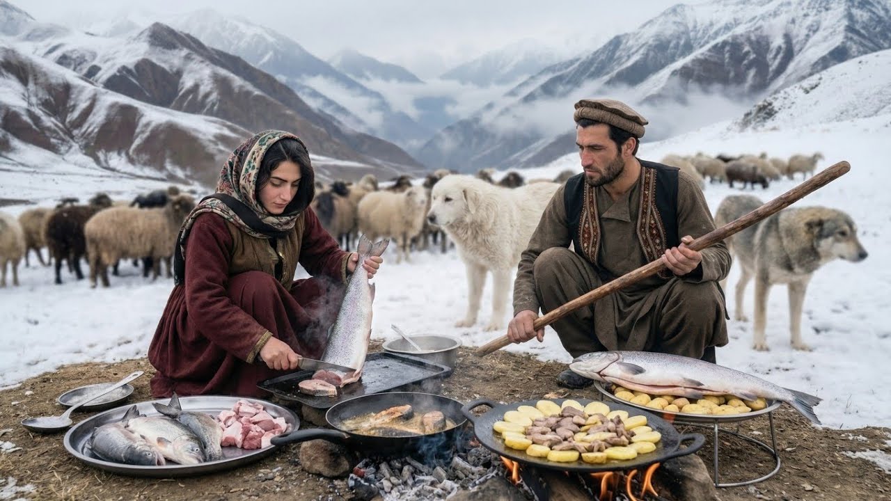 Surviving the Coldest Village in Afghanistan -63°C|Shepherd Mother Cooking Winter Fish Curry Recipe