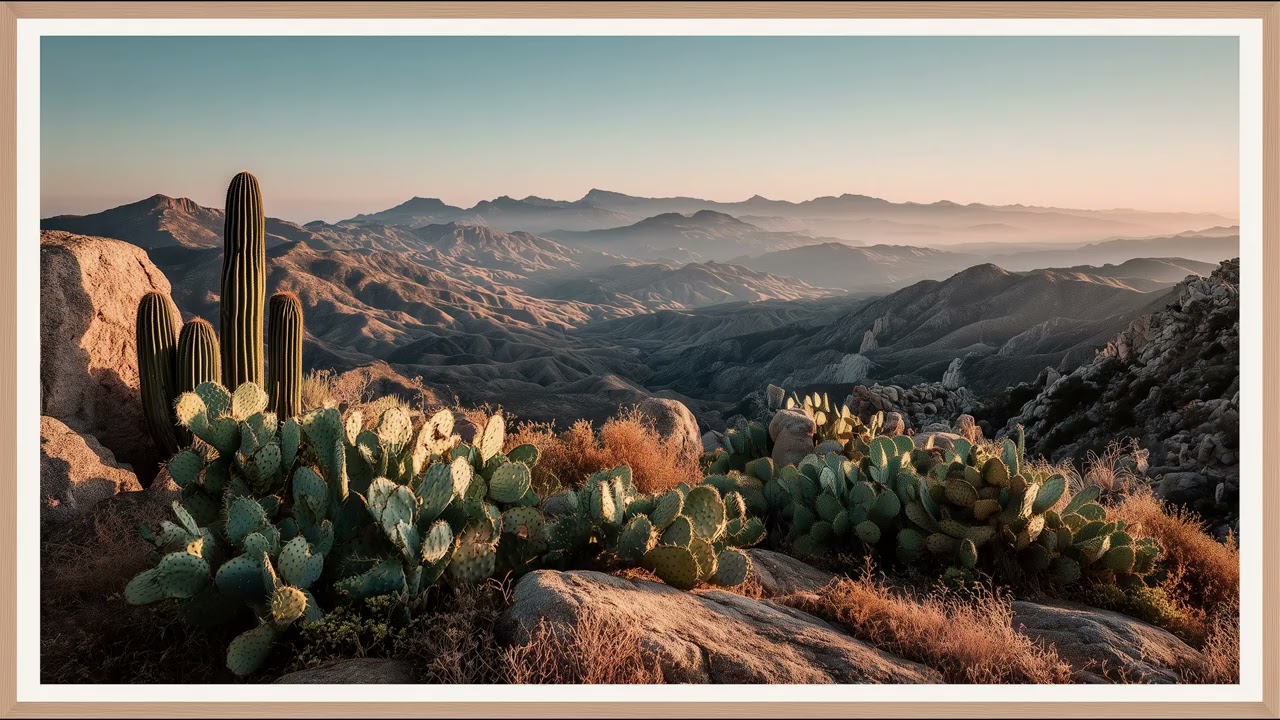 Golden Silence Over Desert Hills With Cactus | Still Art Screen Saver | 4K