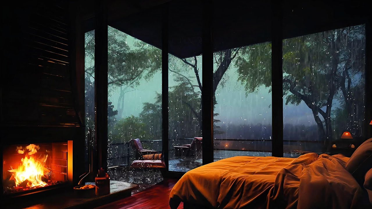 8 Hours Cozy Fireplace & Rain 🌧️🔥 Warm Cabin Ambience (Soft Jazz)