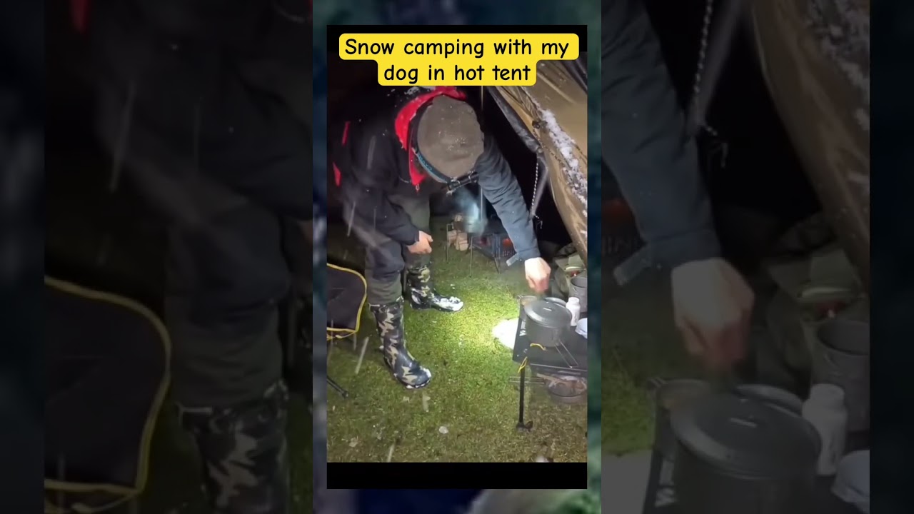 Snow camping with my dog in hot tent