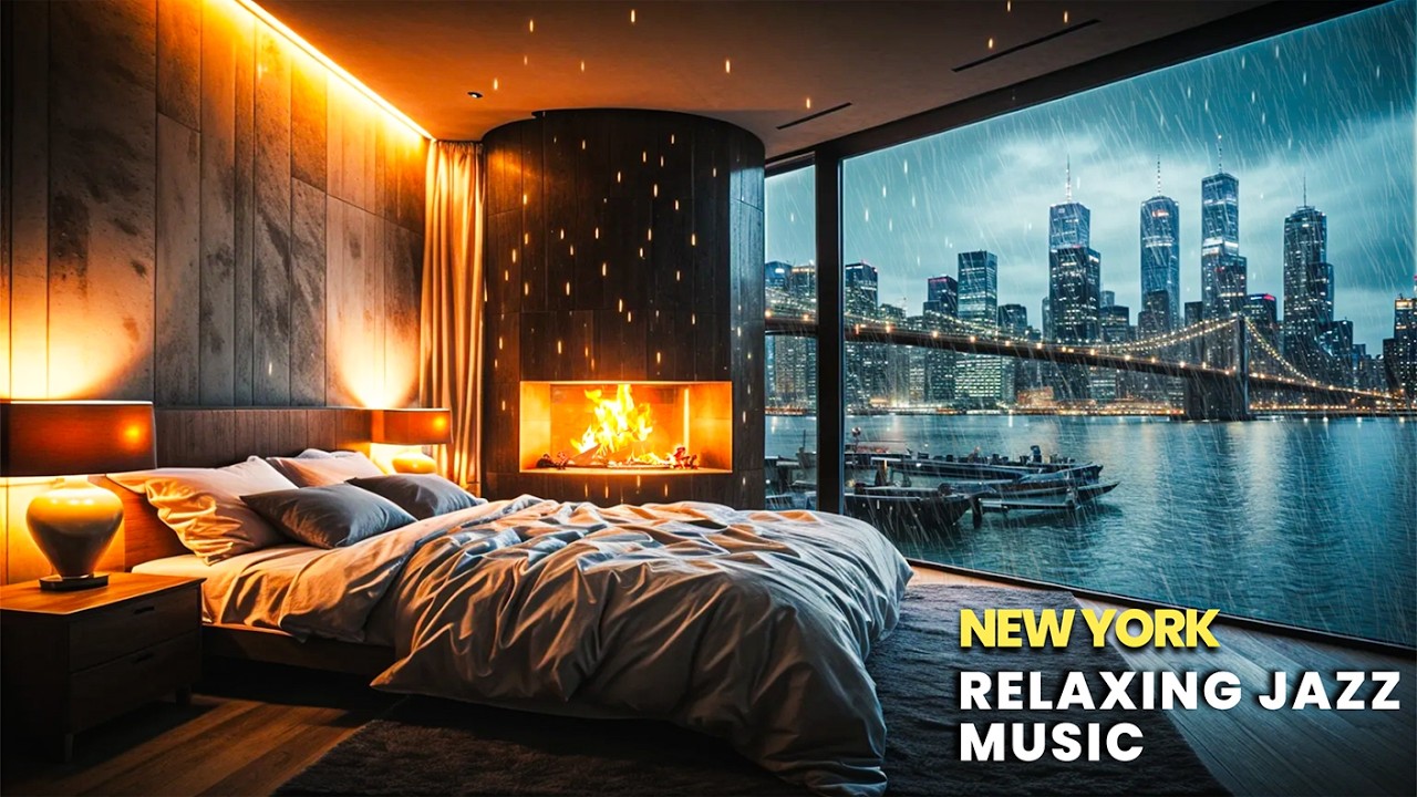 🇺🇸 New York Rain Jazz 🎷 Luxury Bedroom Fireplace by the Rainy Brooklyn Bridge (12 Hours)