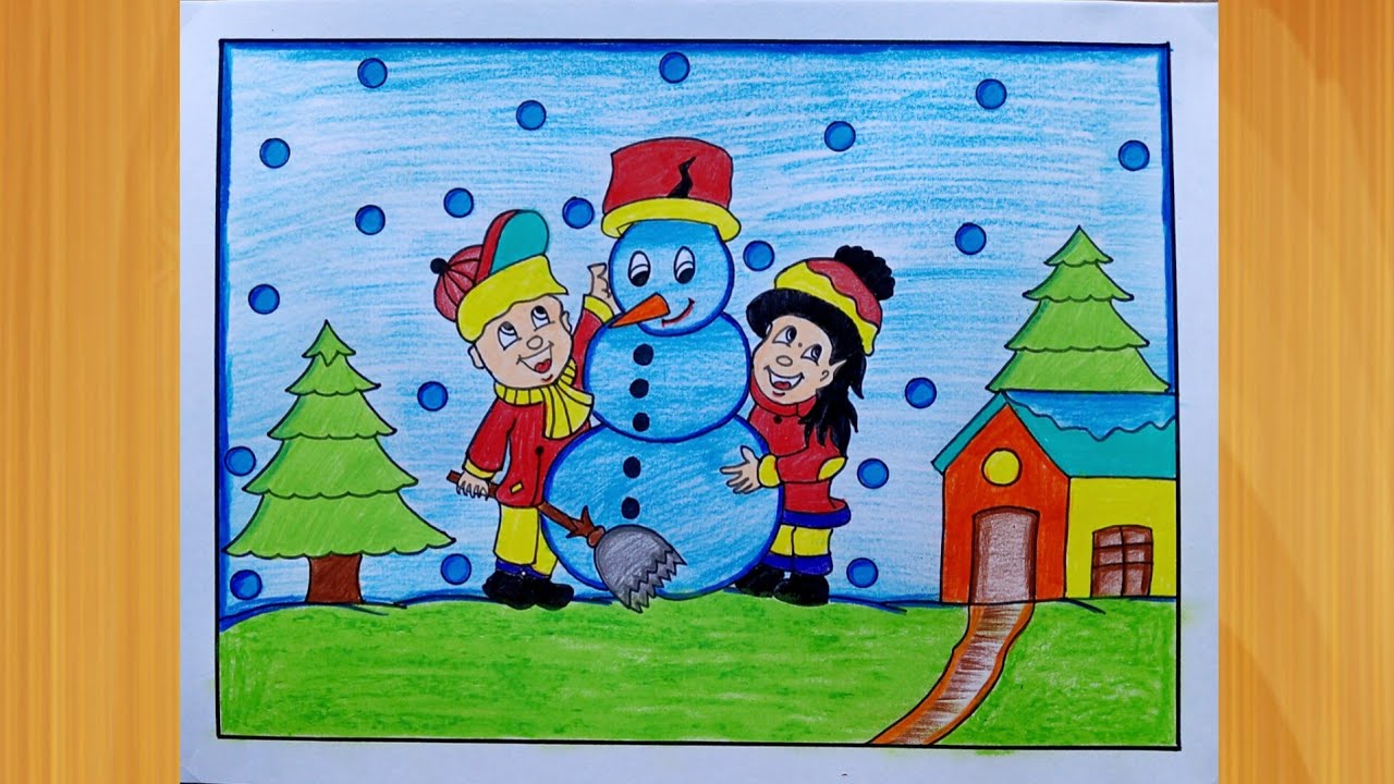 Winter Snowman Drawing | Kids aur Snowman Easy & Colorful Christmas Winter Scenery Drawing Tutorial
