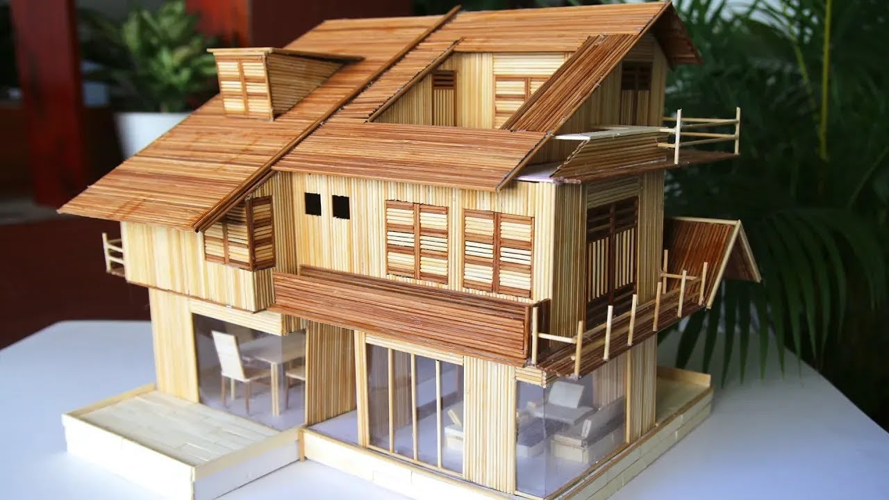 Cách làm biệt thự tăm tre có phòng khách, phòng bếp và nội thất