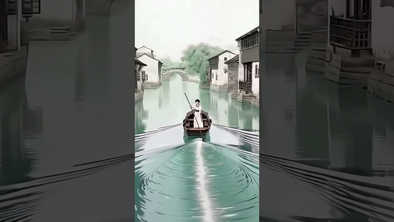Row a boat #ChineseArt #GongbiStyle #BoatScene #TraditionalChinesePainting #SoothingVisuals