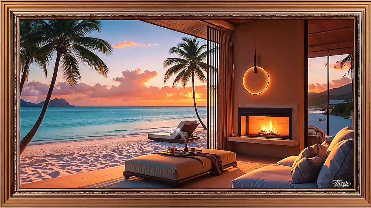 Live Wall Art for TV I Luxury Beachfront Sunset Ambience I Cozy Fireplace & Ocean View |