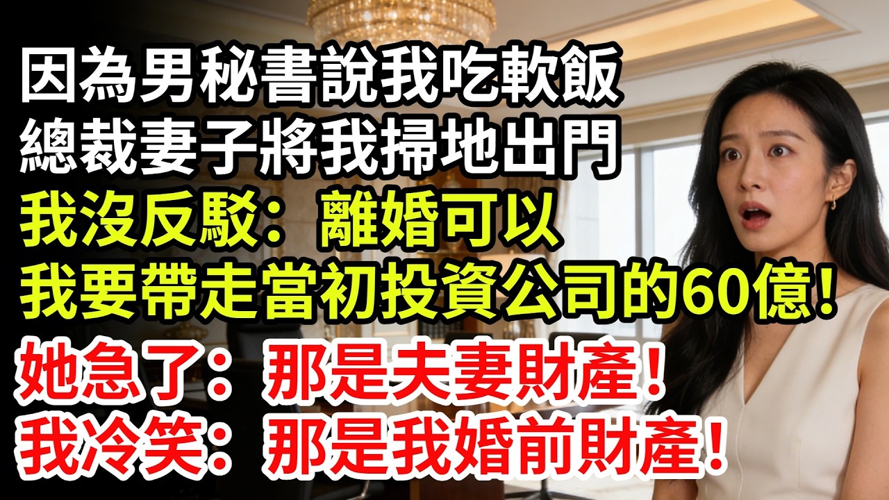 就因為男秘書說我是吃軟飯的，總裁妻子將我掃地出門，我沒反駁：離婚可以，我要帶走當初投資公司的60億！她急了：那是夫妻財產！我冷笑：那是我婚前財產！【夜半心聲】#男頻小說#都市#故事#小說#爽文