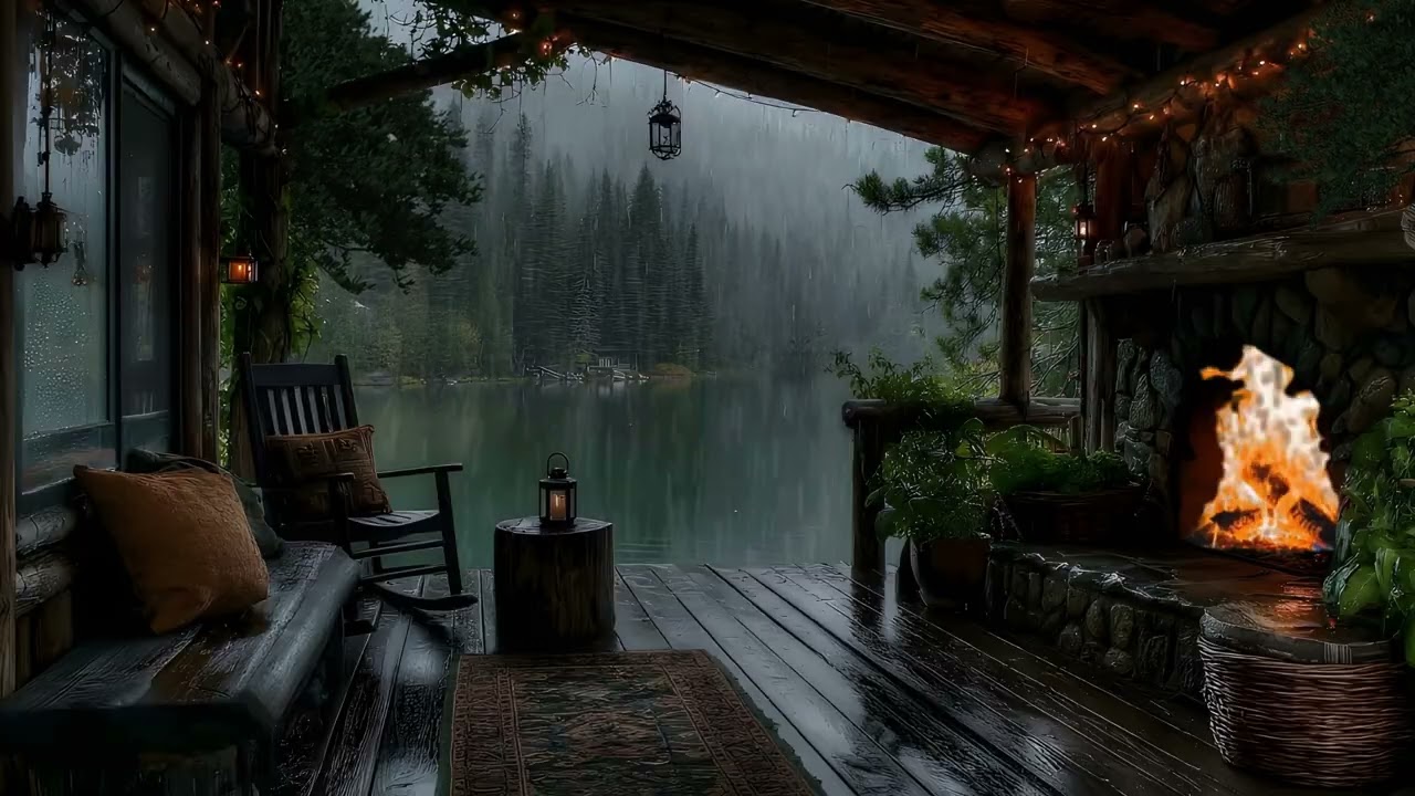 Rainy Evening at a Lakeside Cabin 🌧️🔥 | Cozy Rain Sounds & Fireplace Ambience for Deep Relaxation