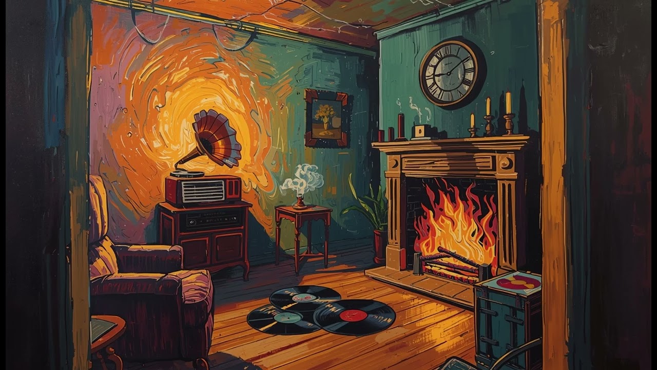1950s Cozy Fireplace Ambience with Distant Jazz for Deep Relaxation (ASMR)