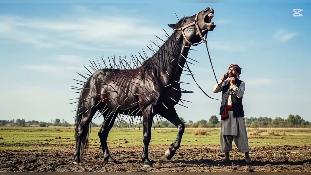 Black horse suddenly walk into the  metallic spikes that are  embedded in his body.