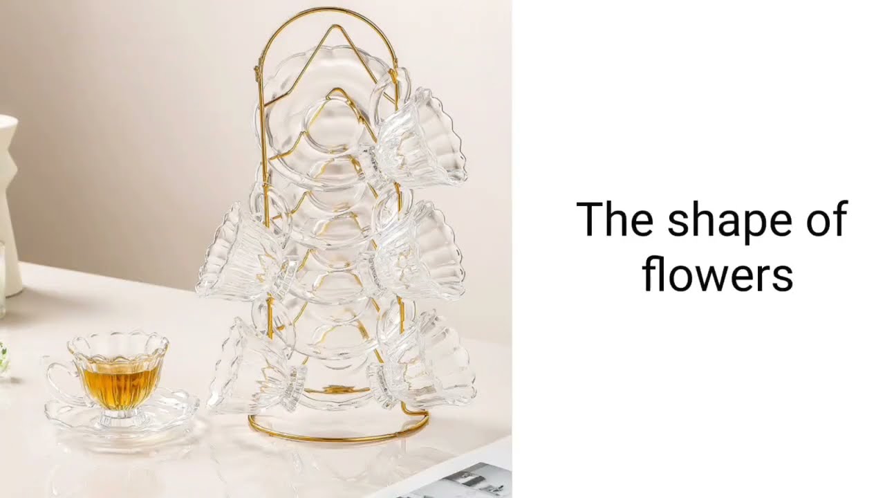 Flower shape glass cup and saucer set tea glass coffee cup with metal stand Products | SANBO