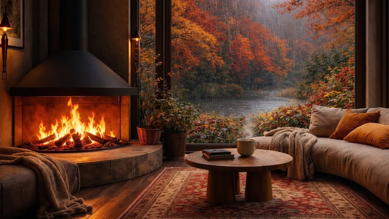 Fireplace Sounds & Soft Piano for Deep Sleep | Cozy Rainy Cabin Window Ambience (3 Hours)