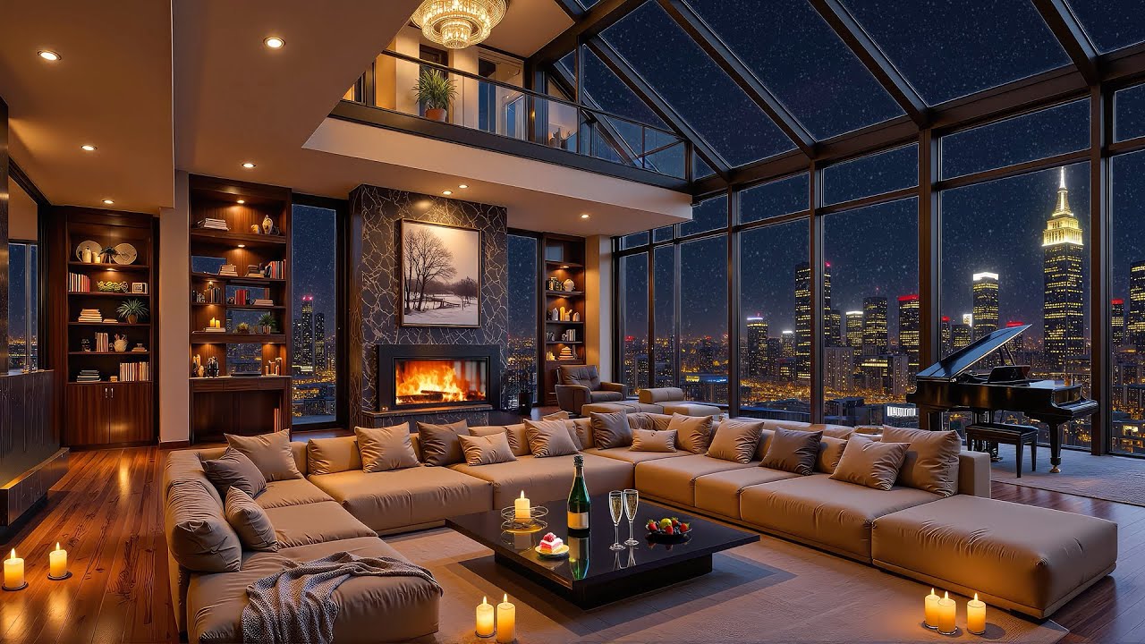 Winter Night in Cozy Apartment ❄️ Relaxing Jazz Music & Fireplace Sounds to Sleep & Focus