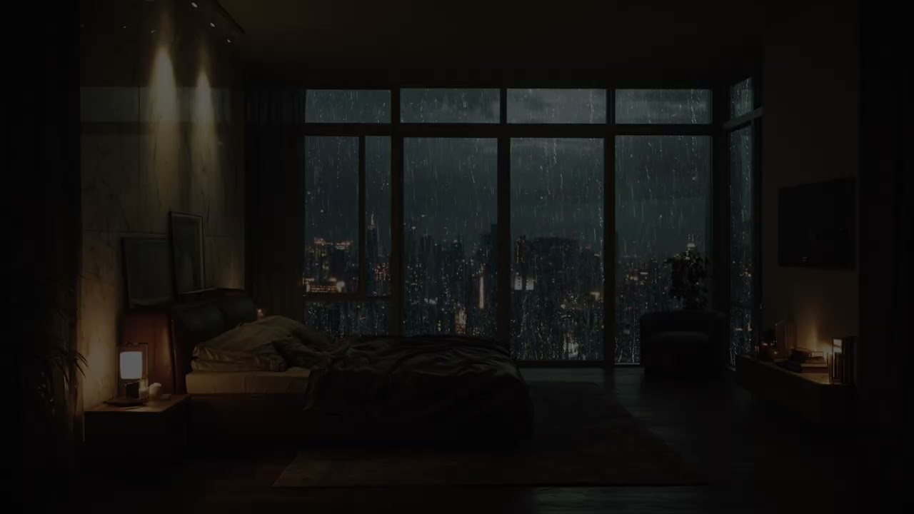 Gentle Rain Drifting Across The City Skyline Below A Modern Bedroom In The Clouds