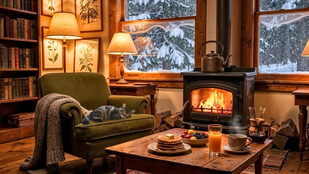 Warm 1950s Winter Ambience ☕ Oldies Playing in Another Room | Soft Jazz Fireplace Crackle