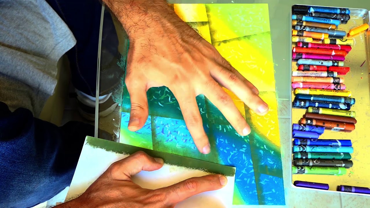 Bright Abstract Pastel Painting Using Paper & Cloth Technique | Caran d'ache Neocolor 2