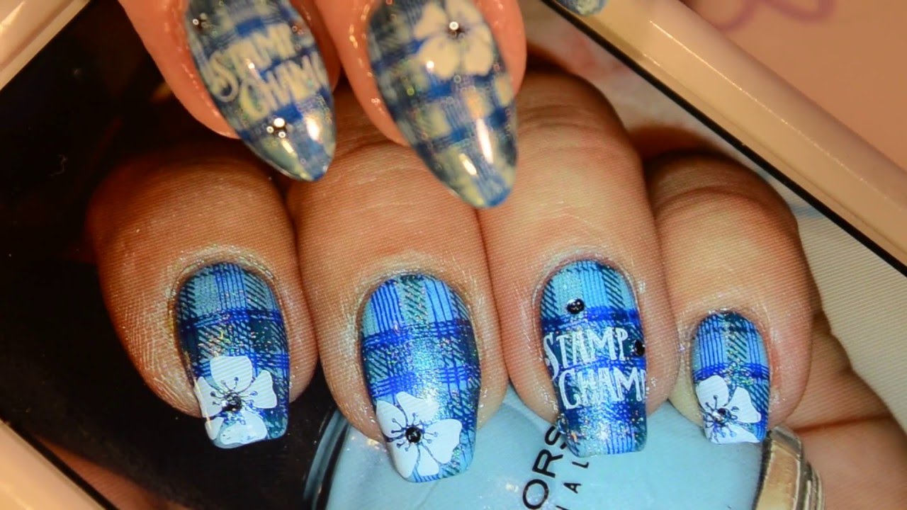 #TBT layered stamping- holo blue plaid mani