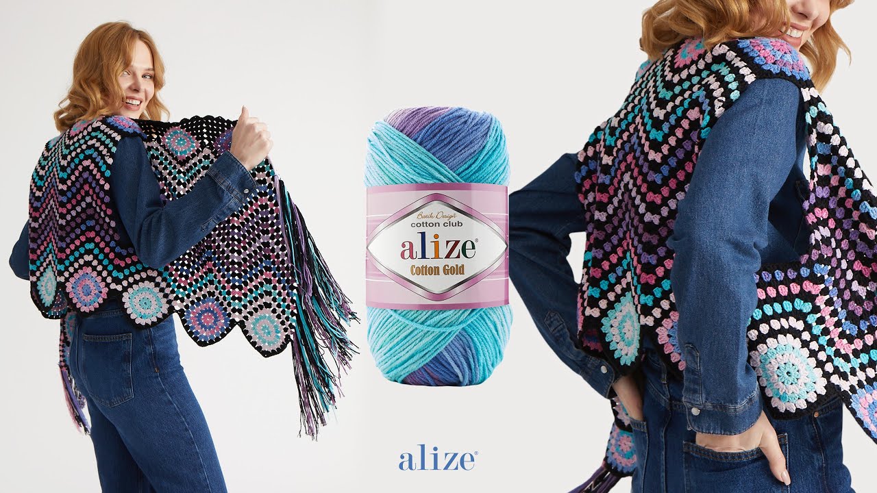 Разноцветный весенний жилет крючком с Alize Cotton Gold