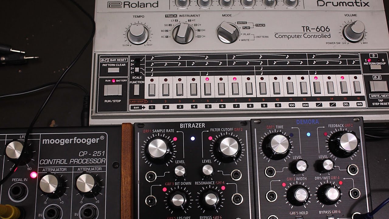 Roland TR-606 through Aira Bitrazer & Demora FX modulated by Moog CP-251