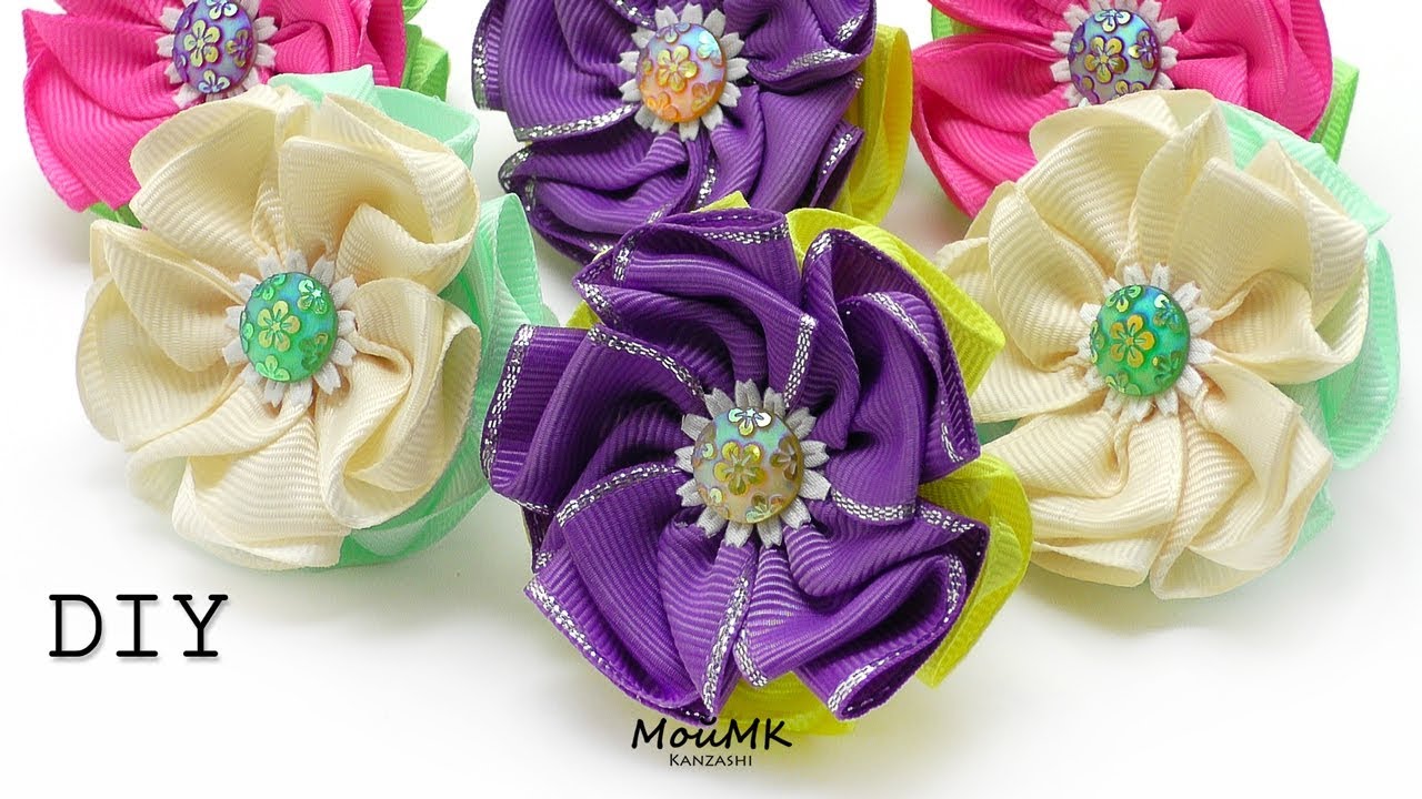 ЦВЕТЫ ИЗ РЕПСОВОЙ ЛЕНТЫ КАНЗАШИ, МК DIY KANZASHI FLOWERS TUTORIAL МОЙМК