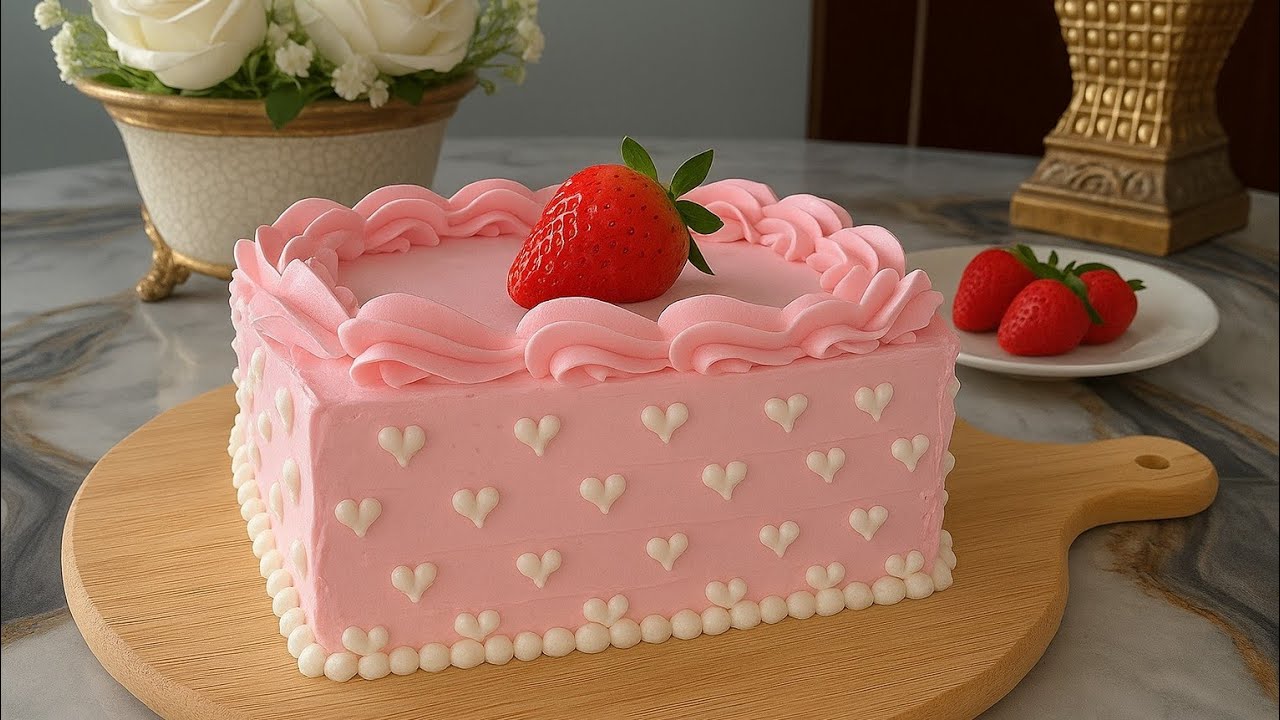 🍓✨ Elegant Pink Strawberry Cake Decorating | Soft Vanilla Layers with Whipped Cream Frosting
