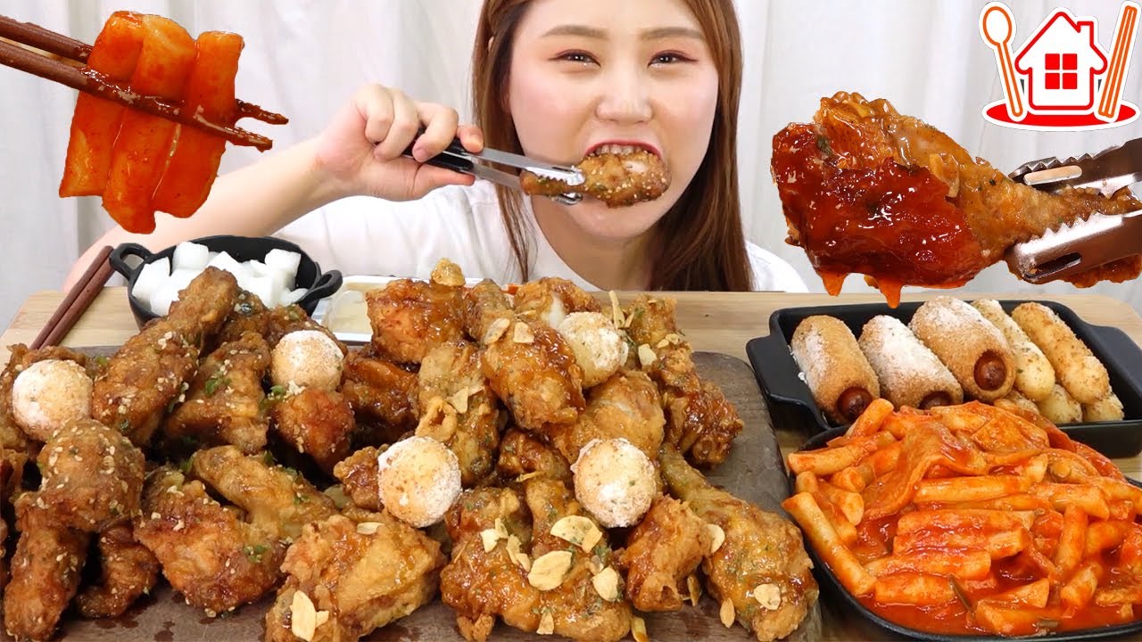 ASMR Mukbang | - 2 вида курицы, ттеобокки, сырные шарики, сырные палочки и хот-дог