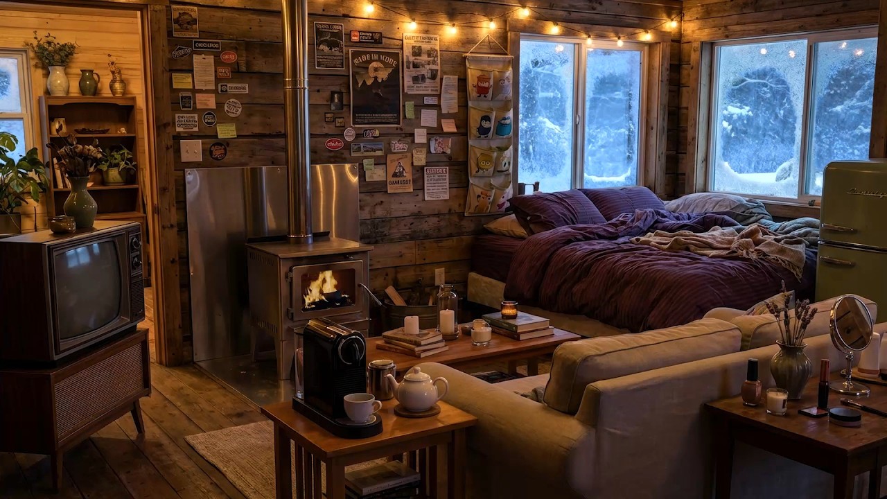 Winter Storm Ambience: Soothing Fireplace in Cabin for Instant Sleep & Anxiety Cure