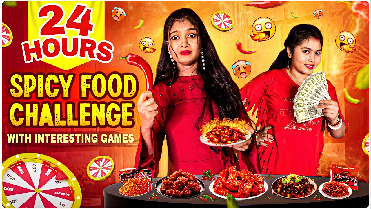 24 Hours Spicy Food🥵Challenge😜 With Interesting Games⛹🏻‍♀️