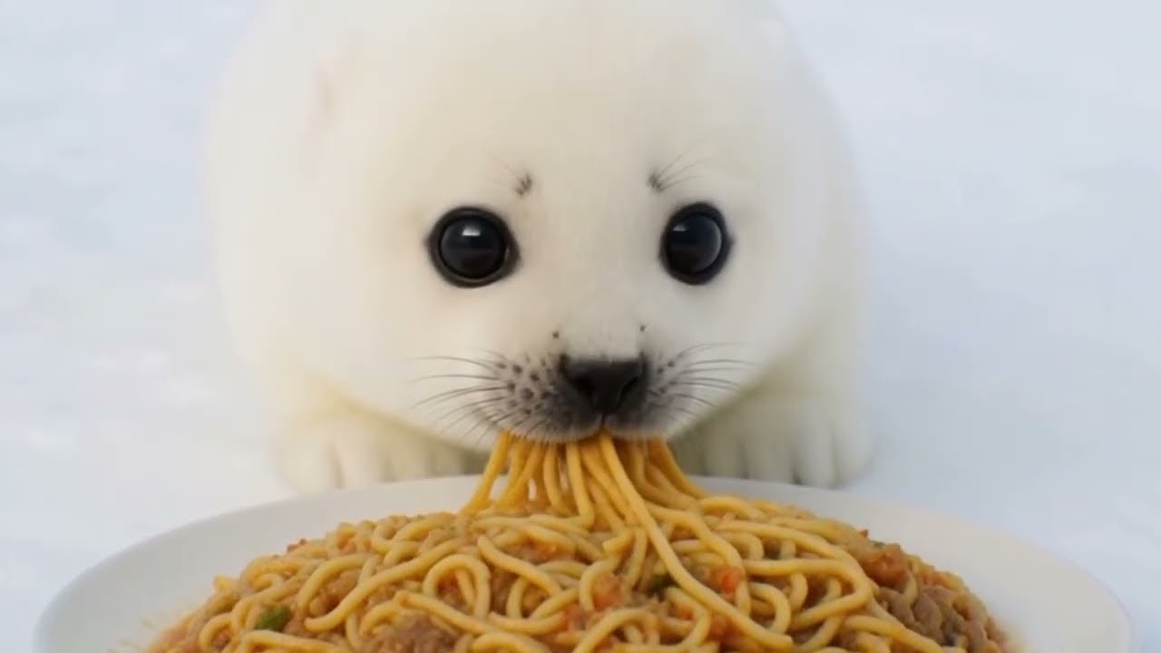 【AI】飯テロ✳︎色んな麺を食べる赤ちゃんアザラシの「もち」が可愛すぎる｜Baby Seal Mochi Eating Various Noodles! Mukbang 🍜🐾