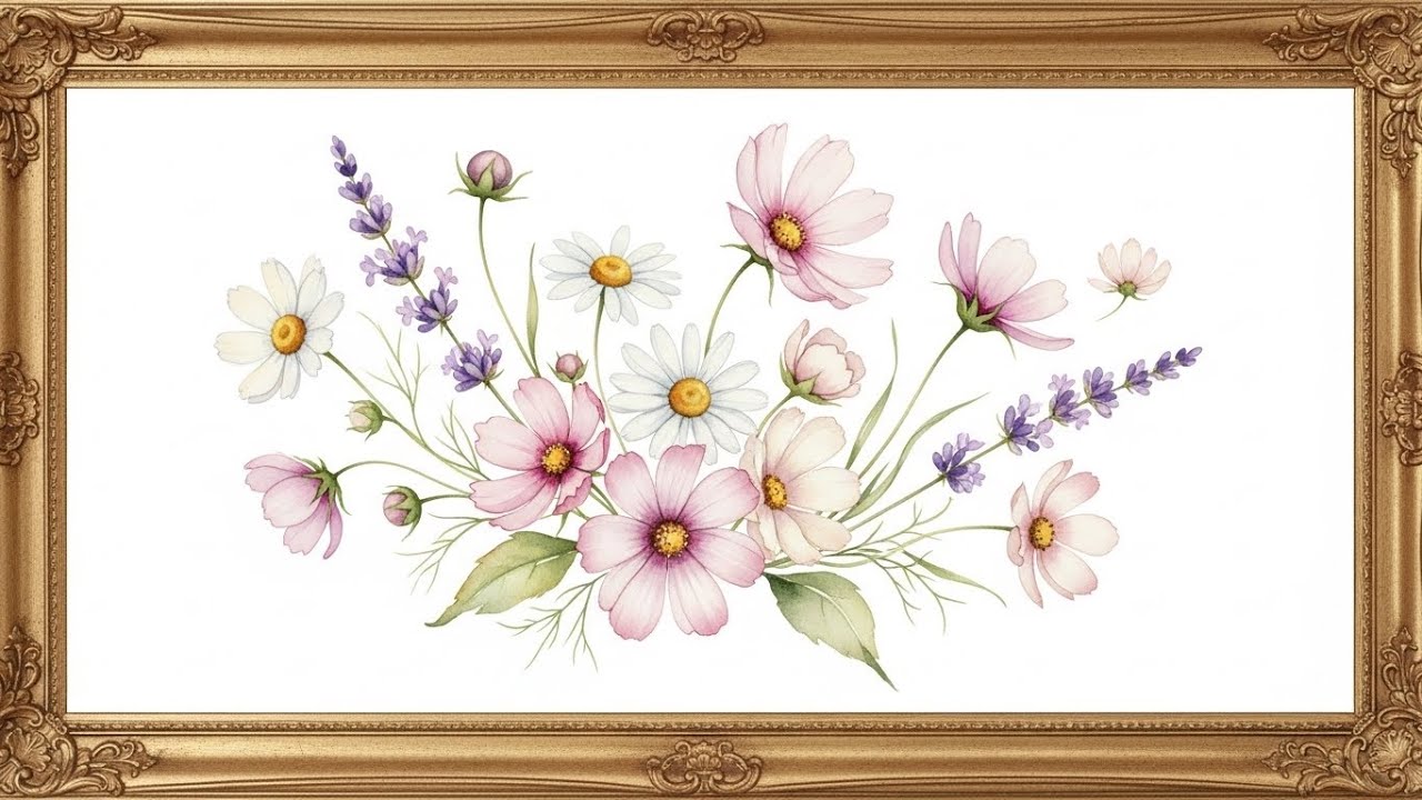 Frame TV Art 4K: Elegant Watercolor Flowers in Gold Frame | Calm Nature Background for TV