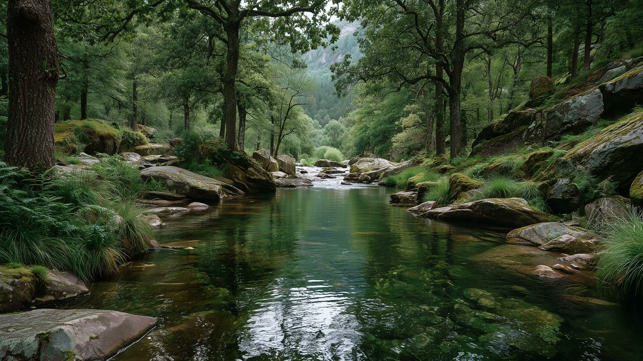 The Rhythmic Sound of a Waterfall and Chirping Birds