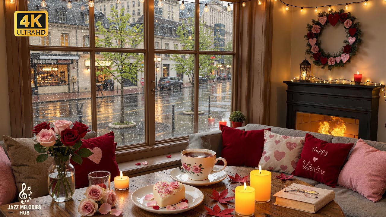 Romantic Jazz Songs for Valentine’s Day💘🌹 Rain Sounds, Fireplace Warmth and Cozy Coffee Shop Love