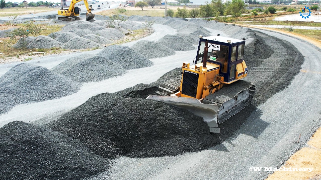 Expert Operator Bulldozer Komatsu Spreading Gravel Making New Big Road Construction Machinery