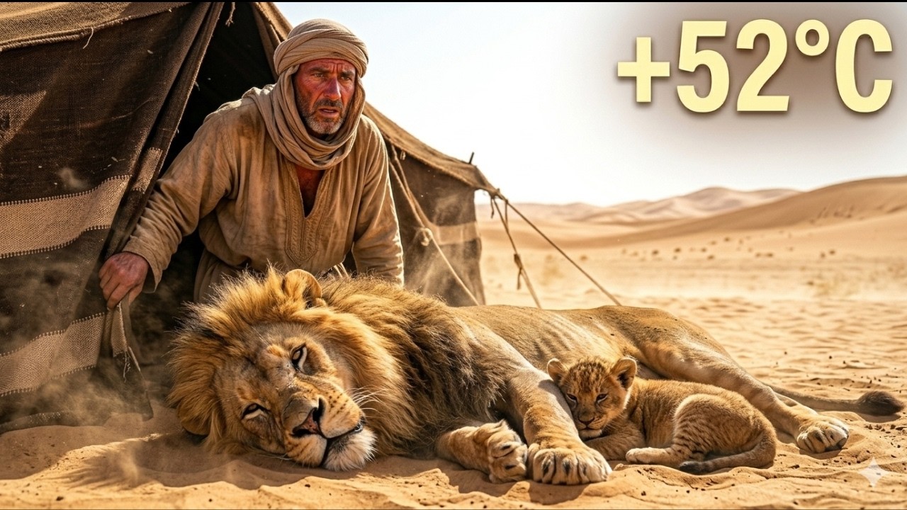 He found a lion and its cub exhausted at the door of their tent in +52°C heat in the desert.