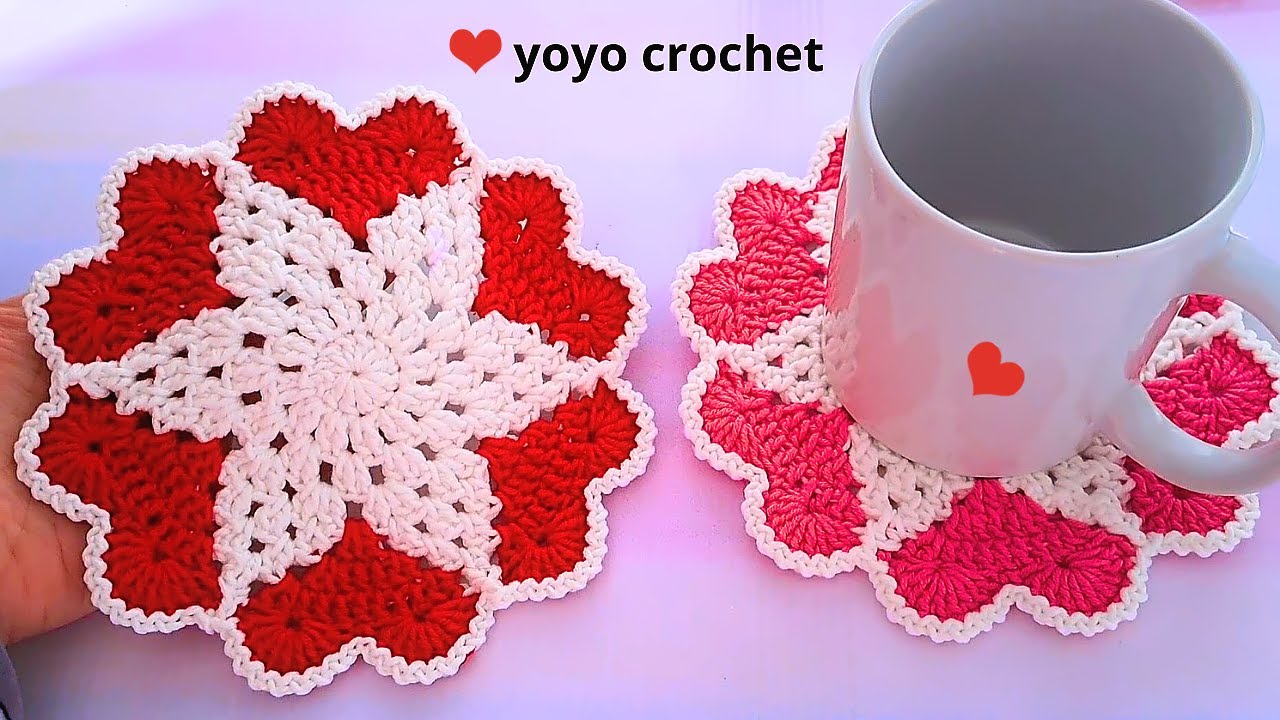 كروشية قواعد أكواب كوسترات شكل قلب ! فكرة رائعة لهدايا عيد الام - Beautiful Crochet Coasters