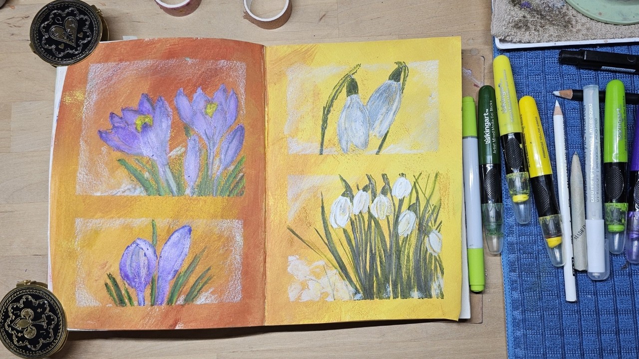 Filling a Spread in my Sketchbook, Mixed Media Flowers