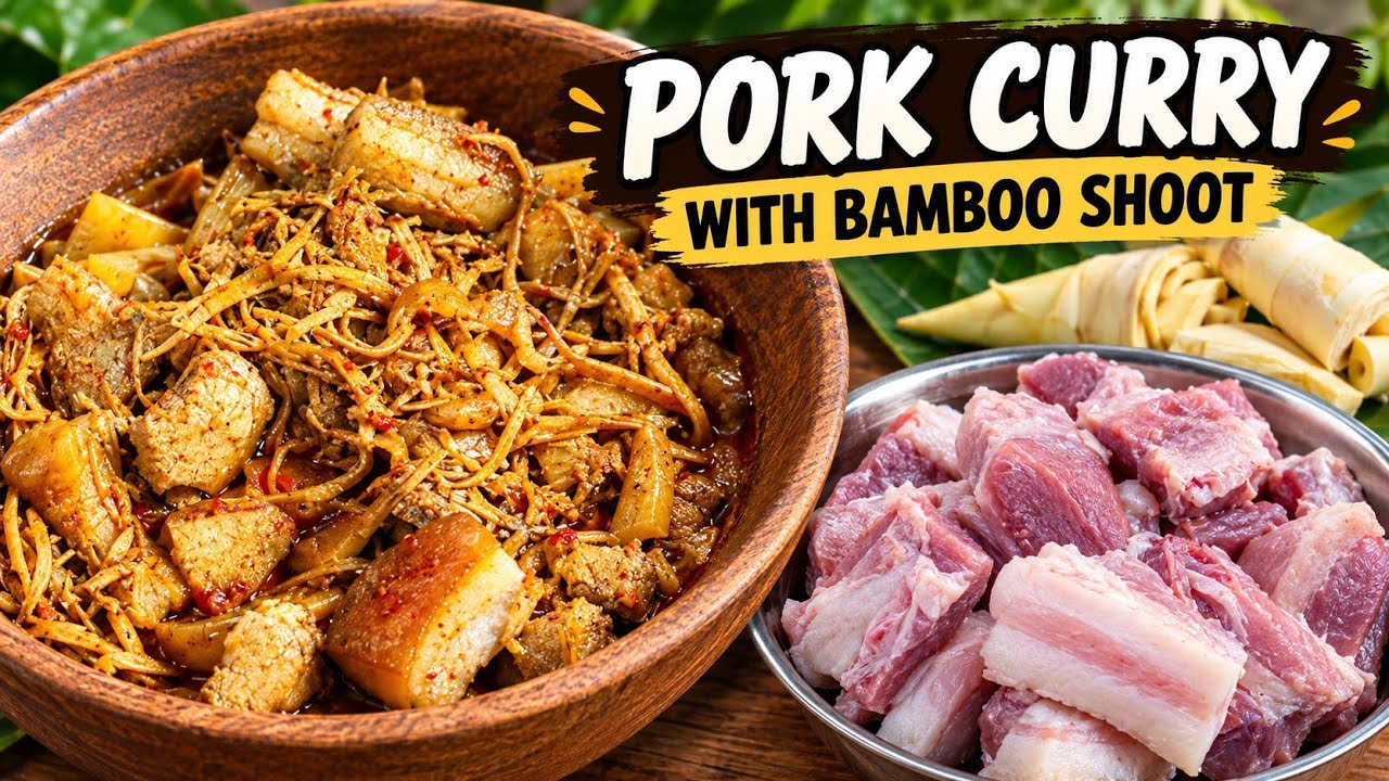 Famous pork curry/cooking pork curry Naga style with dry bamboo shoot